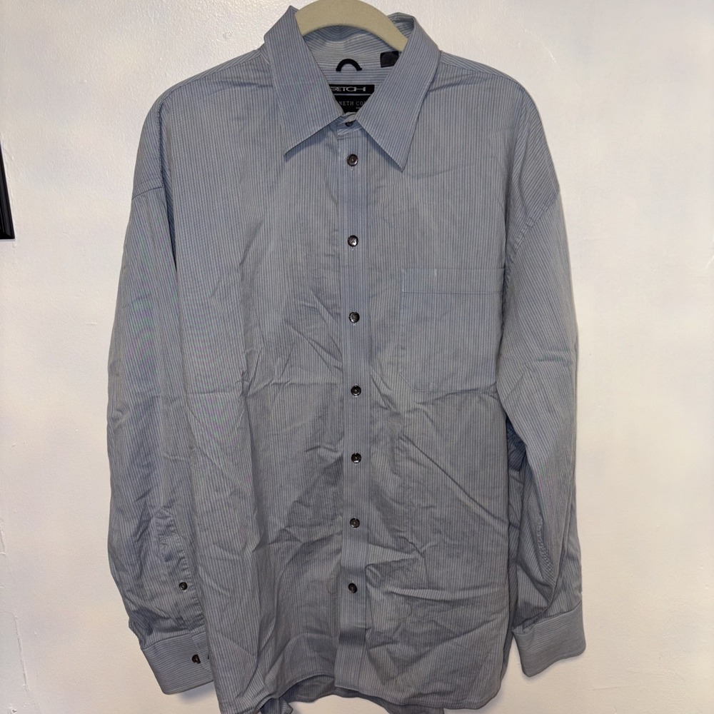 Kenneth Cole Reaction Men's Size  17 1/2  34-35 striped blue stretch Button‎